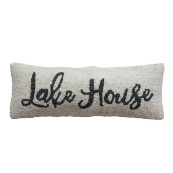 Creative Co-Op Wool and Cotton Lake House Embroidery, Cream Navy Lumbar -Pillow, - Picture 1 of 9